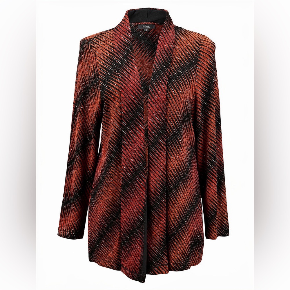TanJay red orange black Jacket LARGE open front metallic gold stripes spandex - Picture 2 of 16